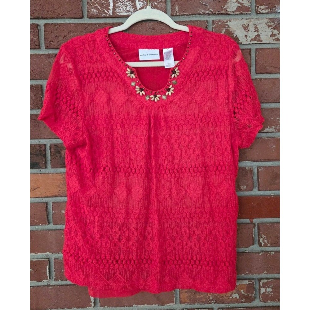 Alfred‎ Dunner Red/Orange Short Sleeve Beaded Top Size L Excellent Condition